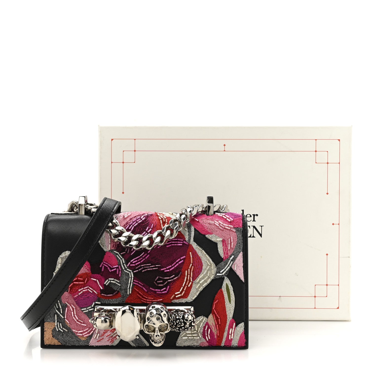 Alexander McQueen Calfskin Beaded Embroidered Solarised Orchid Mini Jeweled Knuckle Satchel Black Multicolor 11 of 11