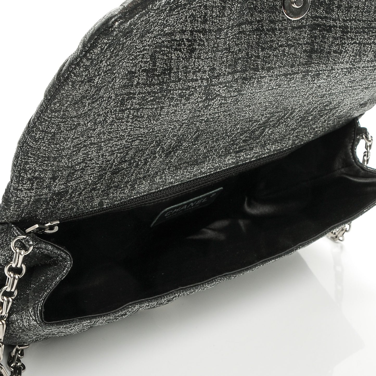Glitter Fabric Quilted Flap Clutch With Butterfly Chain Black