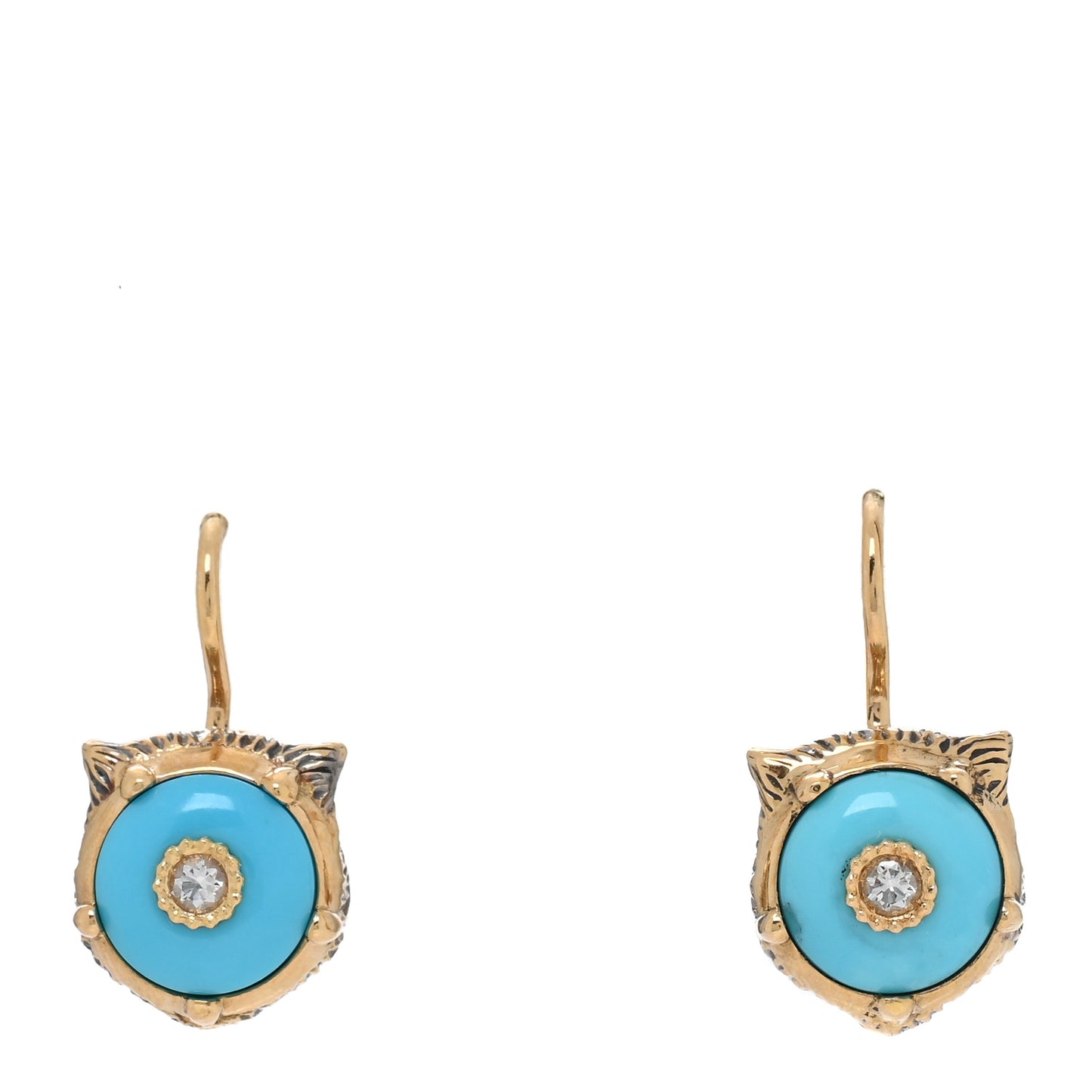 18K Yellow Gold Diamond Turquoise Le Marche Des Merveilles Feline Earrings