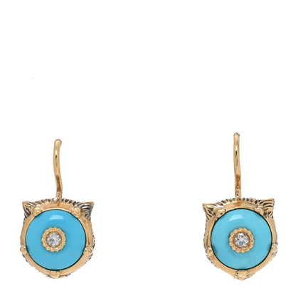 Gucci 18K Yellow Gold Diamond Turquoise Le Marche Des Merveilles Feline Earrings 1 of 5