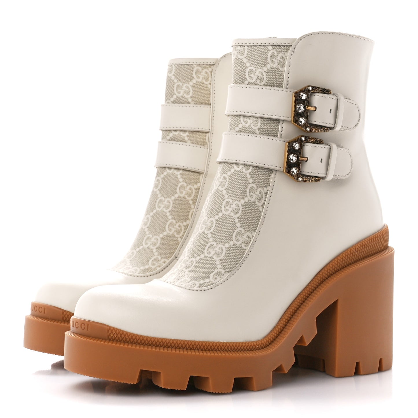 Kensington Calfskin Nappa GG Supreme Monogram Womens Double Buckle Ankle Boots 38.5 Mystic White Beige