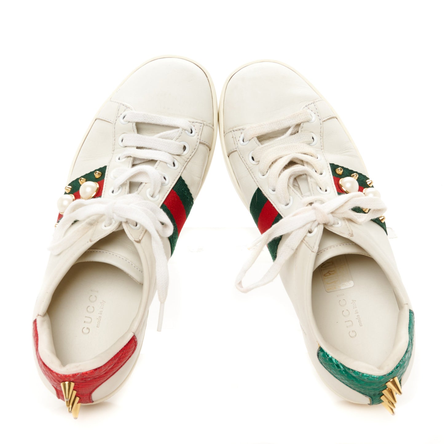 Calfskin Web Pearl Studded Womens Ace Sneakers 35 White
