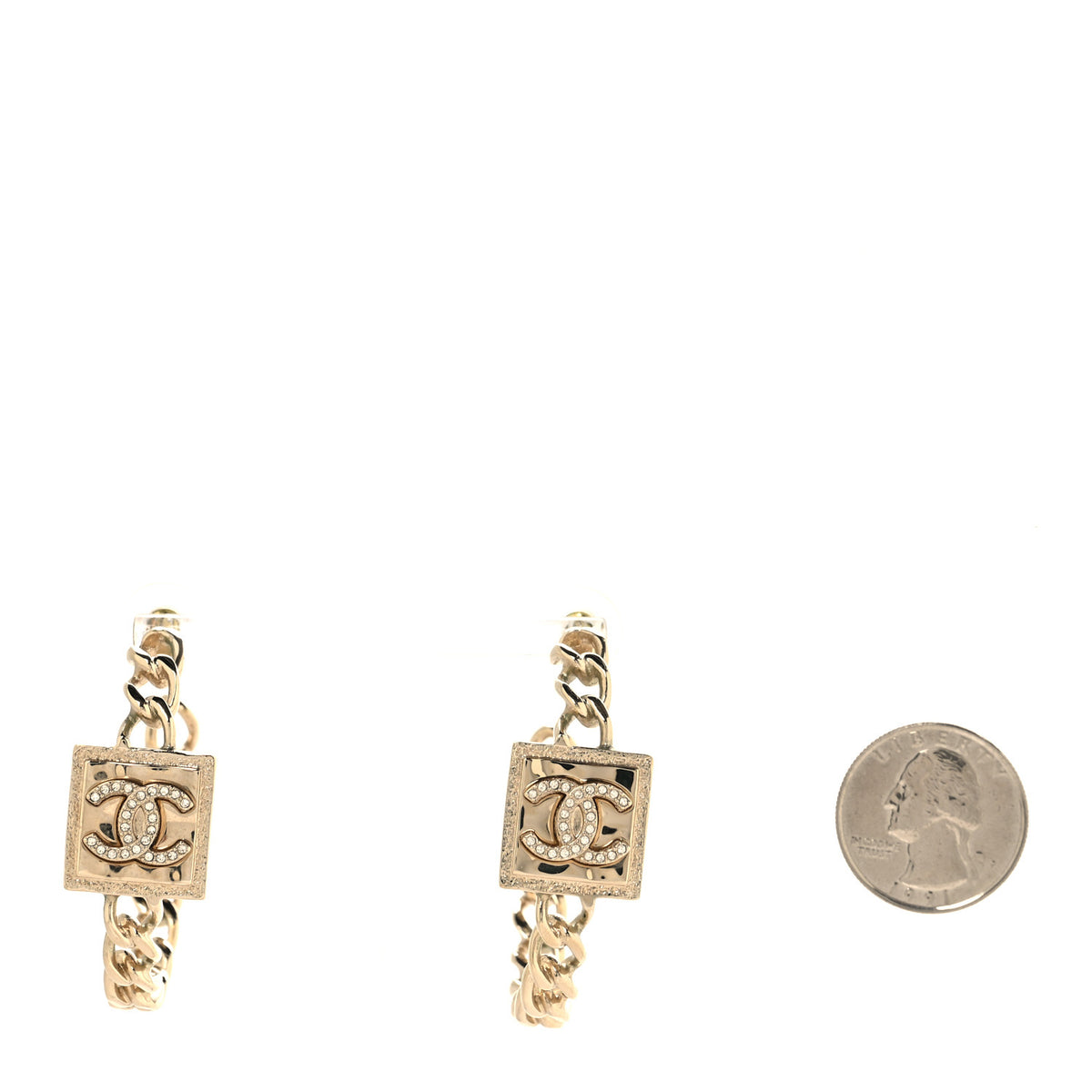 Chanel Metal Crystal CC Square Chain Hoop Earrings Gold 2 of 5