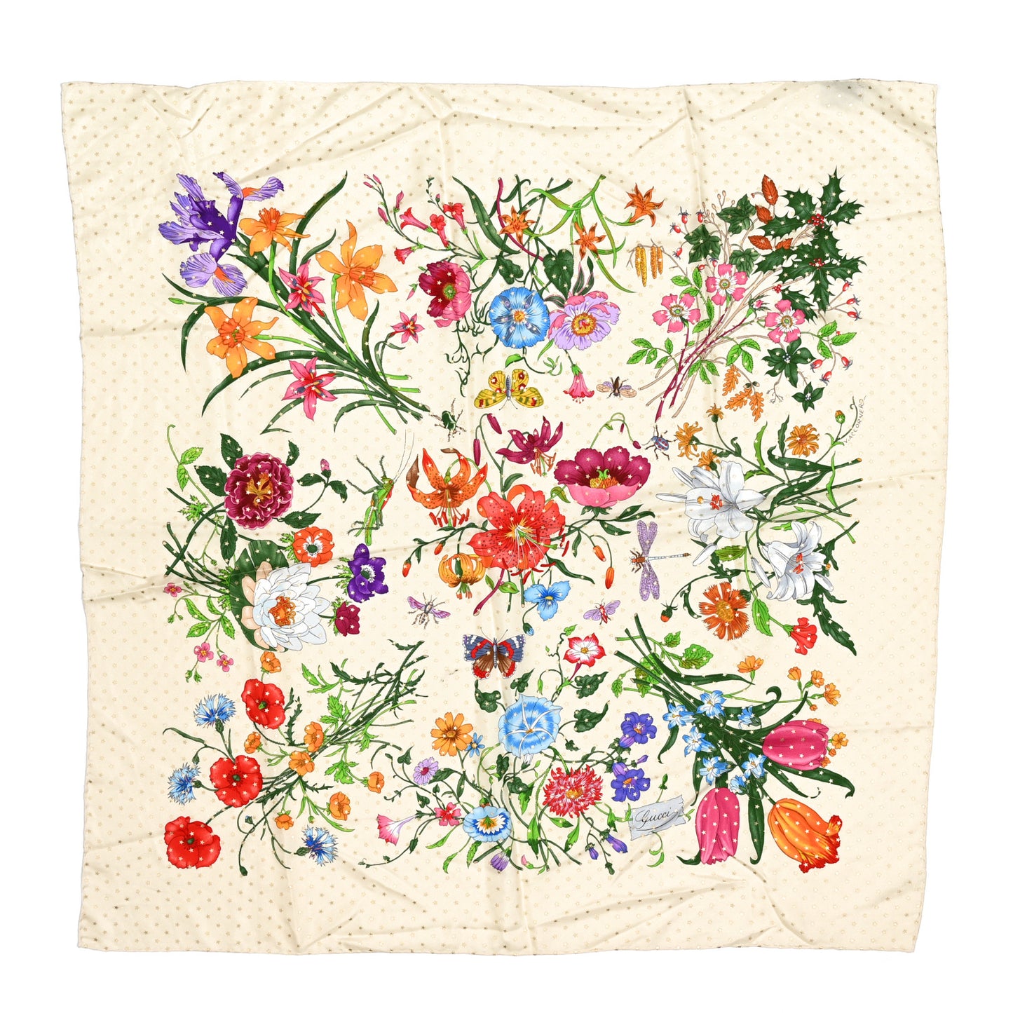 Silk Twill Flora Square Scarf White