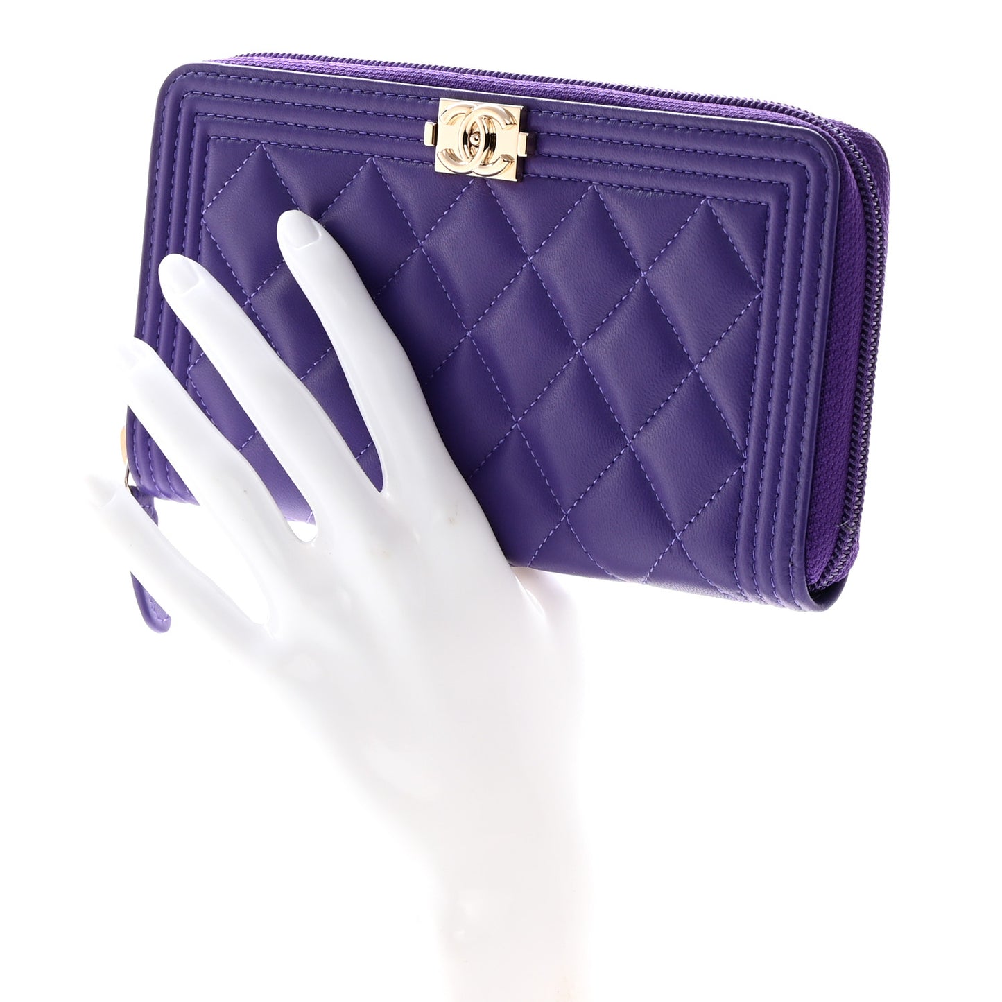 Lambskin Quilted Boy Zip Around Wallet Purple