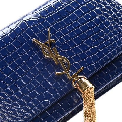 Saint Laurent Calfskin Crocodile Embossed Kate Monogram Tassel Chain Wallet Royal Blue 10 of 12