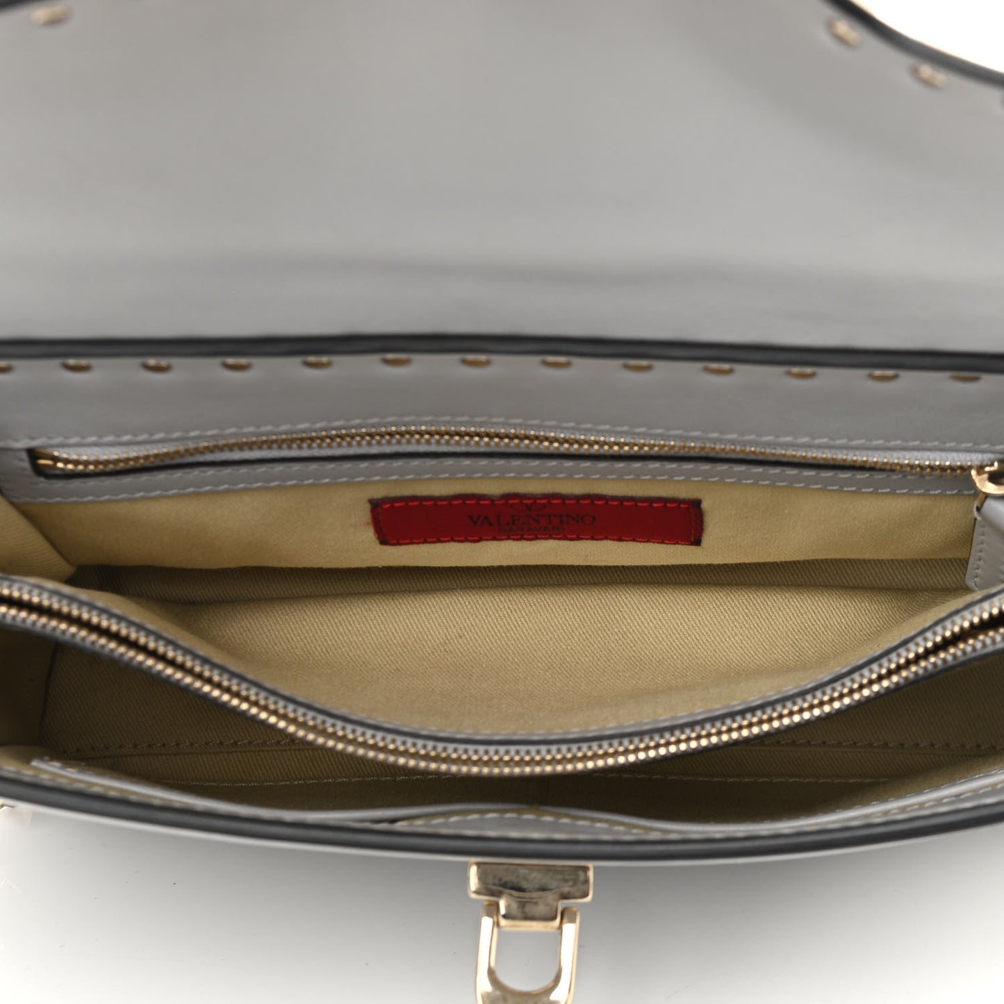 Vitello Rockstud Single Handle Flap Bag Pastel Grey