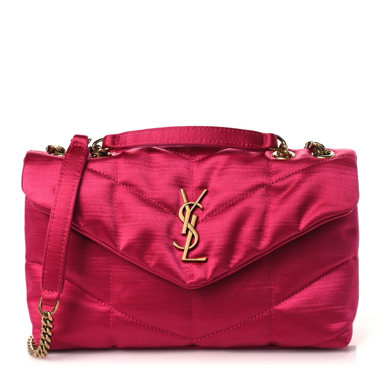 Saint Laurent Satin Quilted Toy Loulou Puffer Monogram Chain Satchel Guava Pink 1 of 9
