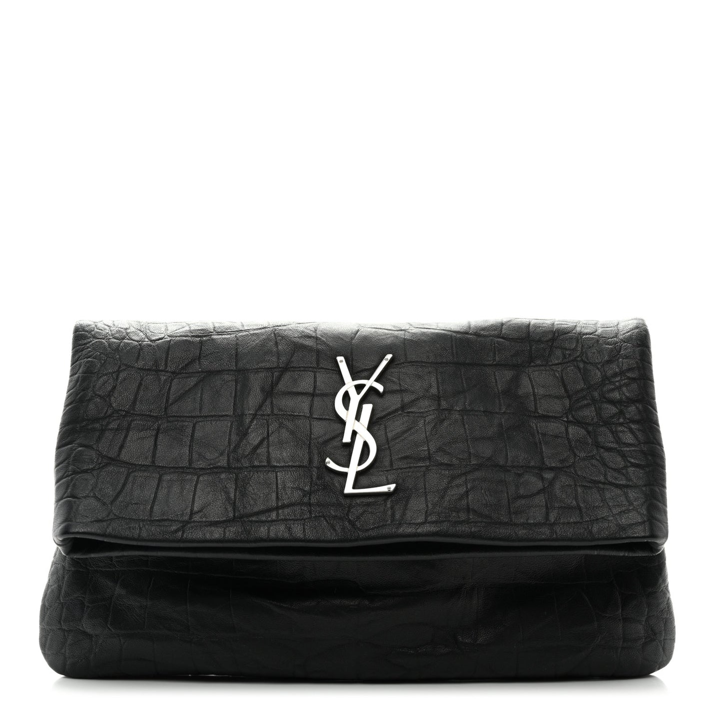 Calfskin Crocodile Embossed West Hollywood Monogram Fold Over Clutch Black