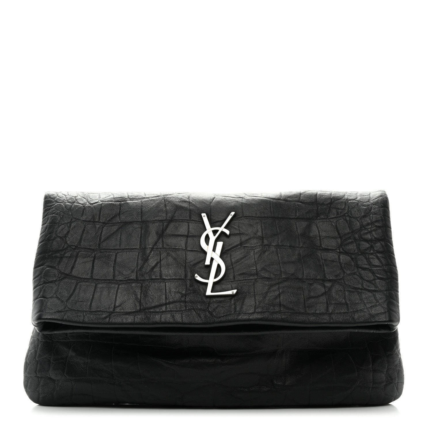 Saint Laurent Calfskin Crocodile Embossed West Hollywood Monogram Fold Over Clutch Black 1 of 8