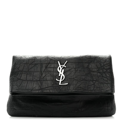 Saint Laurent Calfskin Crocodile Embossed West Hollywood Monogram Fold Over Clutch Black 1 of 8