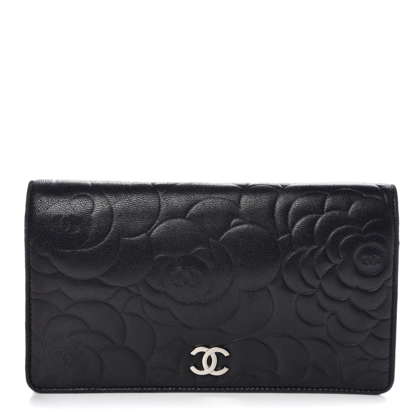 Lambskin Camellia Embossed Yen Wallet Black
