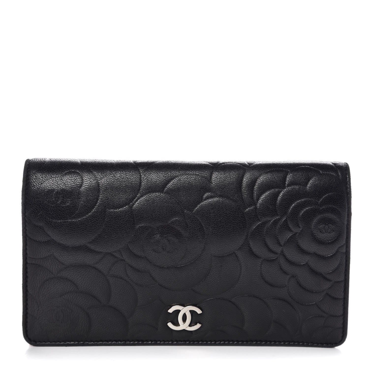 Chanel Lambskin Camellia Embossed Yen Wallet Black 1 of 11