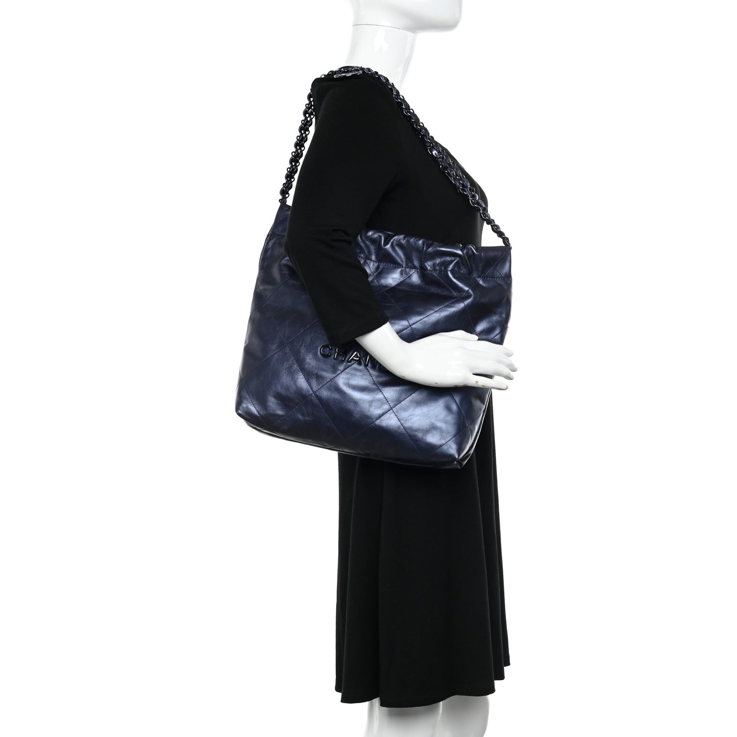 Metallic Calfskin Quilted Small Chanel 22 Navy Blue