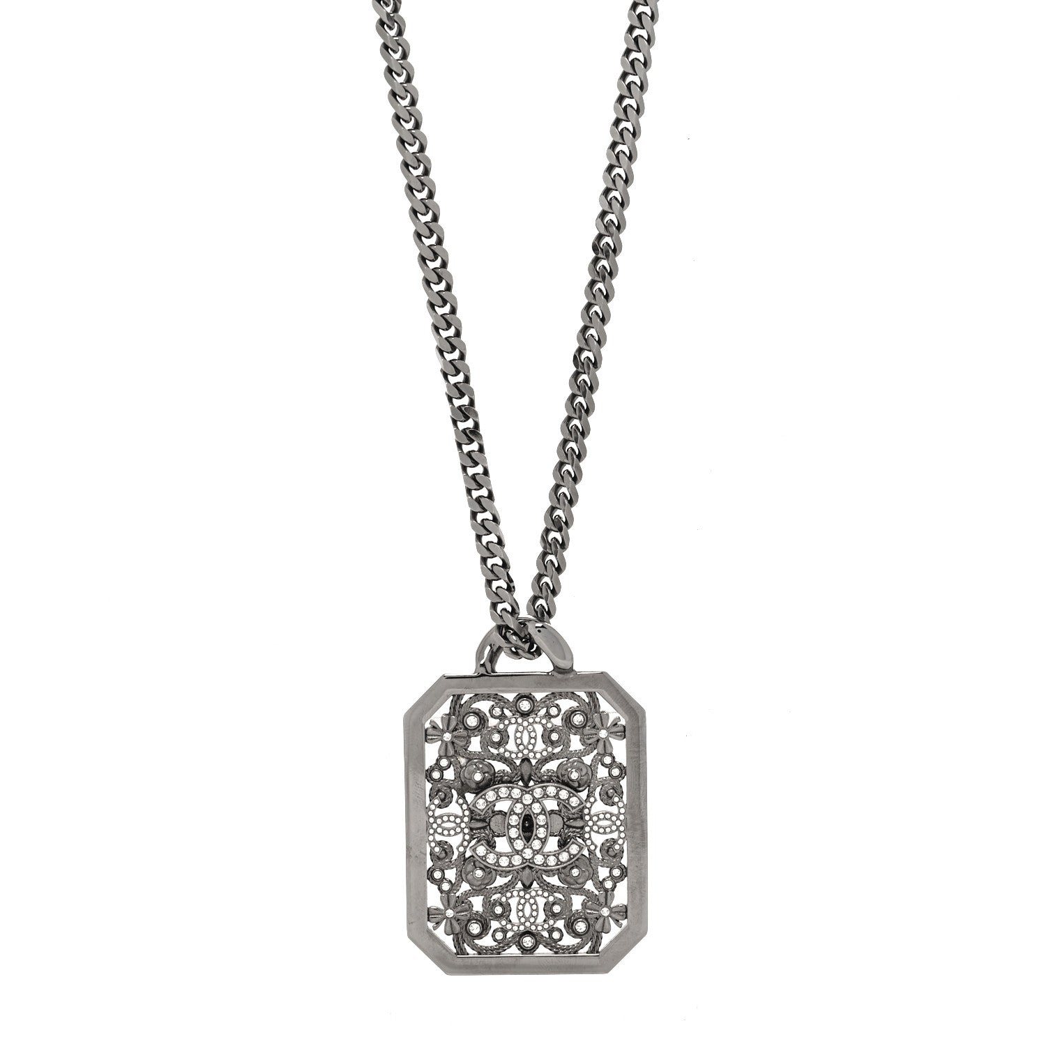 Chanel Crystal Strass CC Pendant Necklace Silver 1 of 5