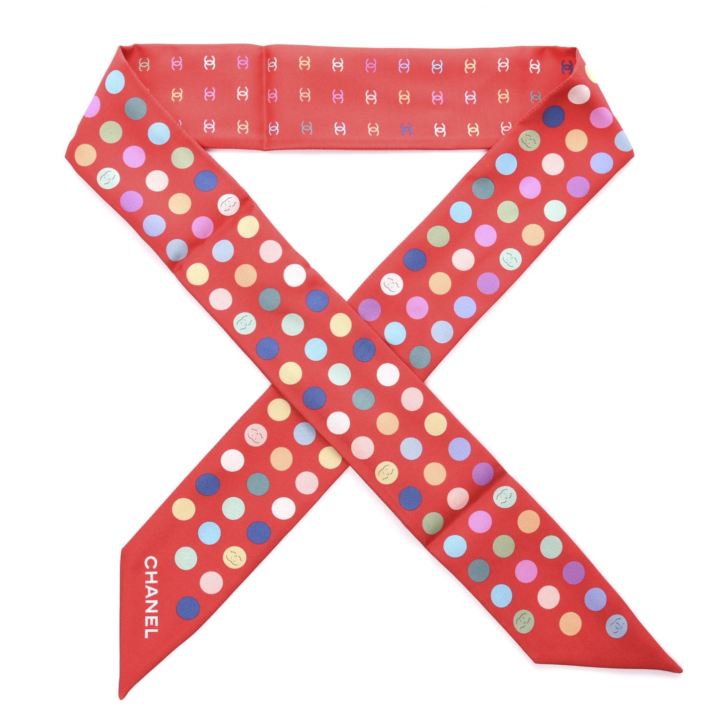 Silk Polka Dot CC Slim Bandeau Scarf Red Multicolor