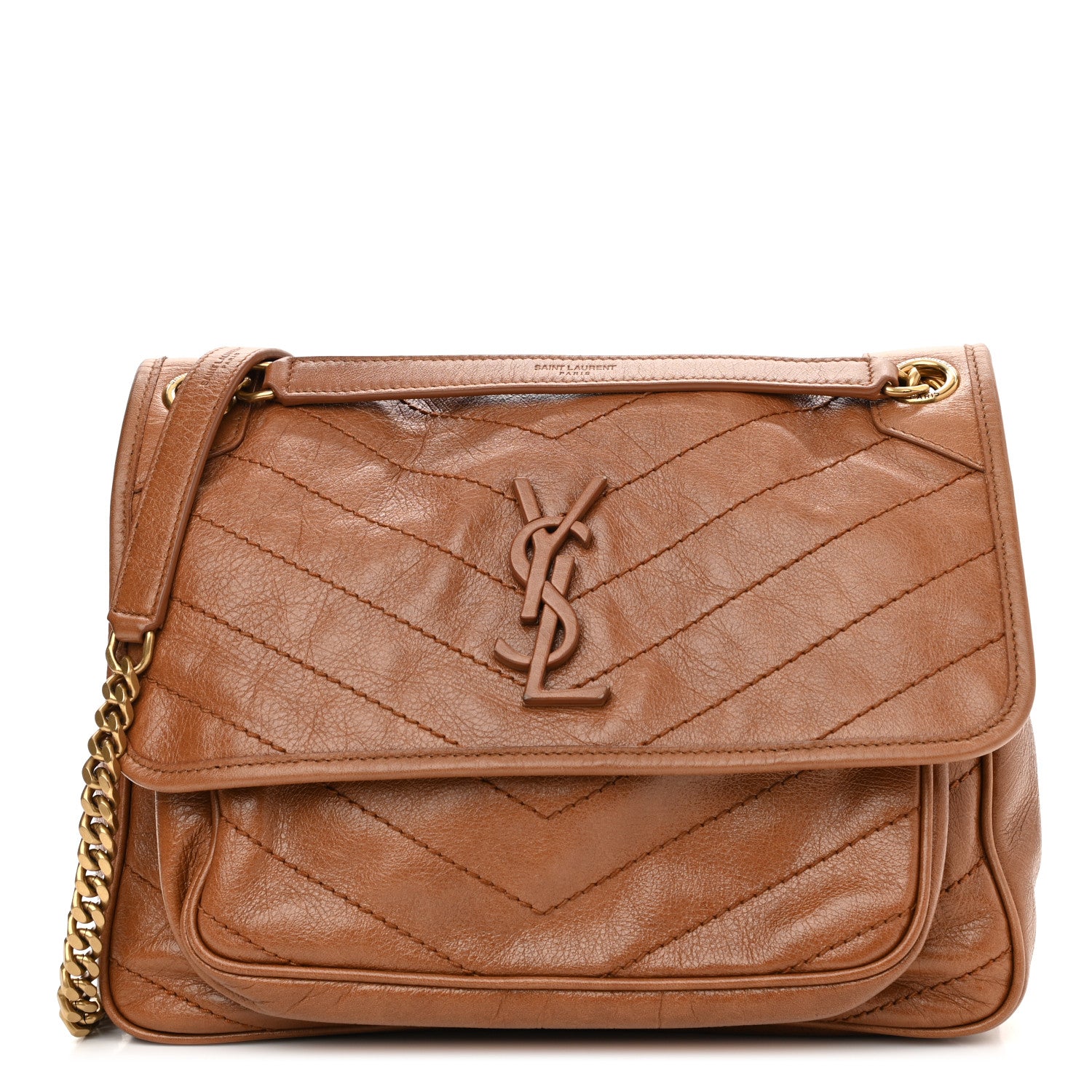 Saint Laurent Crinkled Calfskin Matelasse Monogram Medium Niki Chain Satchel Caramel 1 of 13