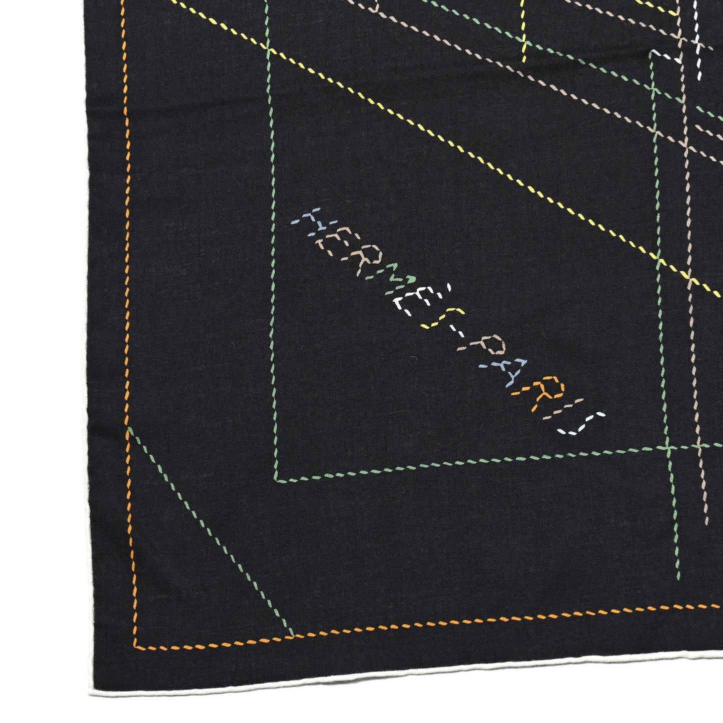 Silk Embroidered Giant Pique Sellier Scarf 140 Caban Vert Jaune