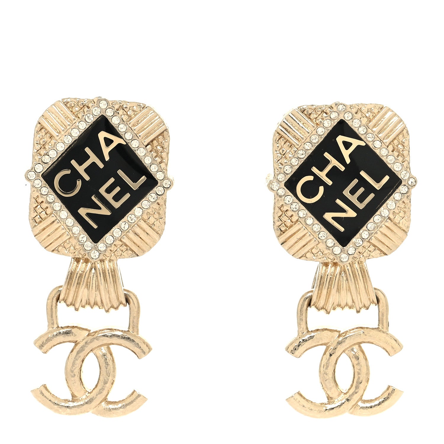 Chanel Resin Crystal Quilted CC Drop Earrings Black Gold 1 of 4