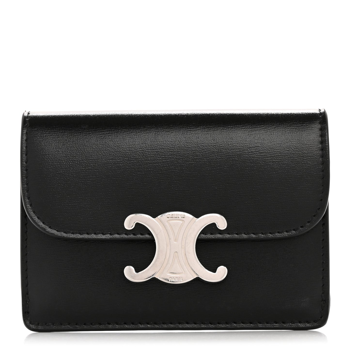 Shiny Calfskin Triomphe Flap Card Holder Black