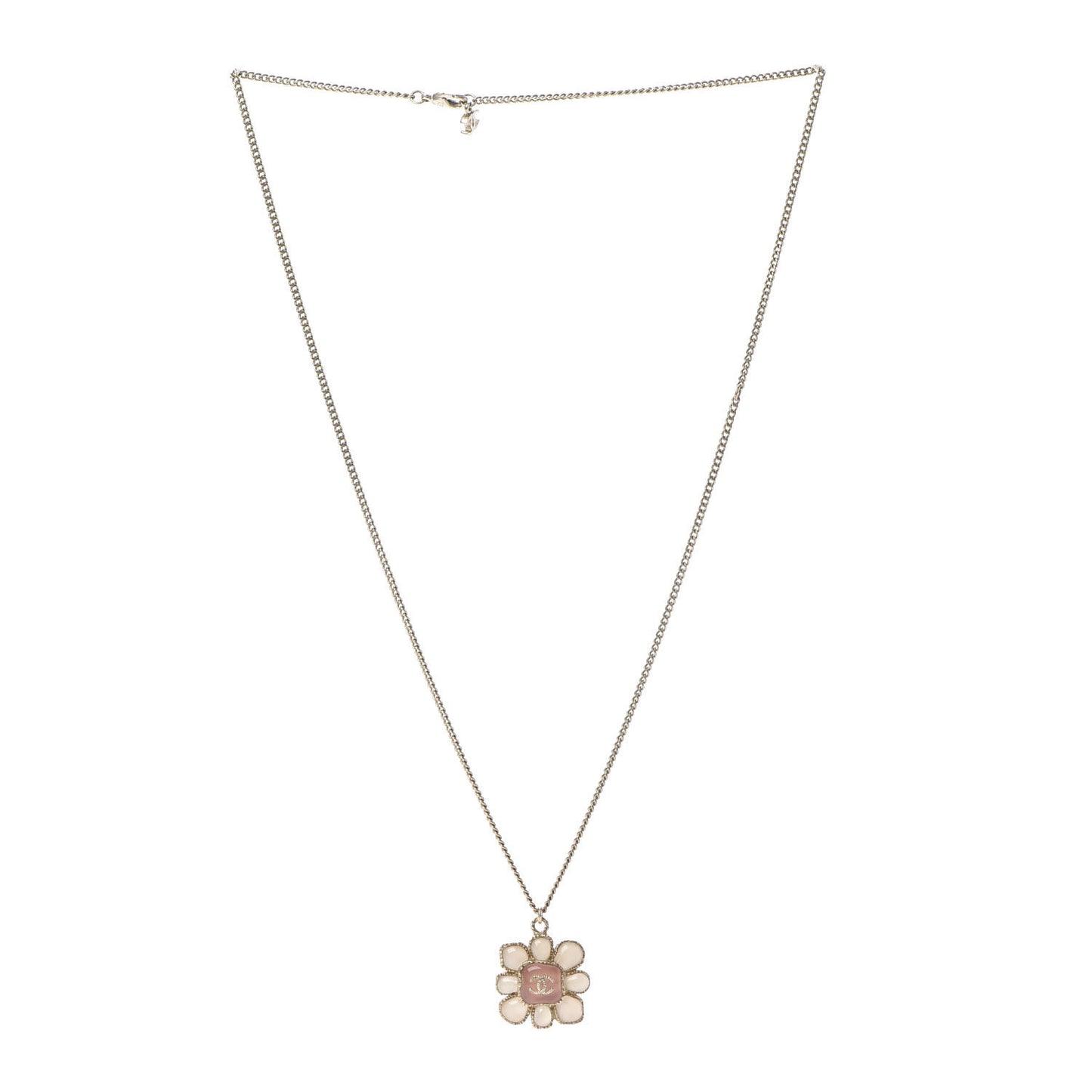 Gripoix Poured Glass CC Korean Blossom Pendant Necklace Pink Gold