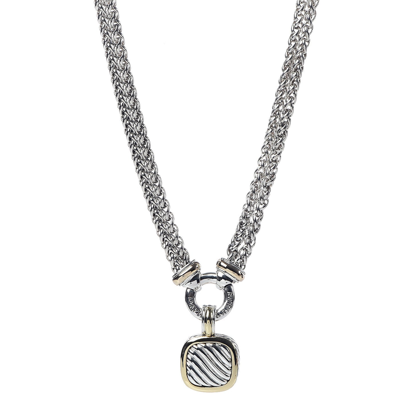 Sterling Silver 18K Yellow Gold 14K Yellow Gold Double Wheat Chain Carved Cable Pendant Necklace