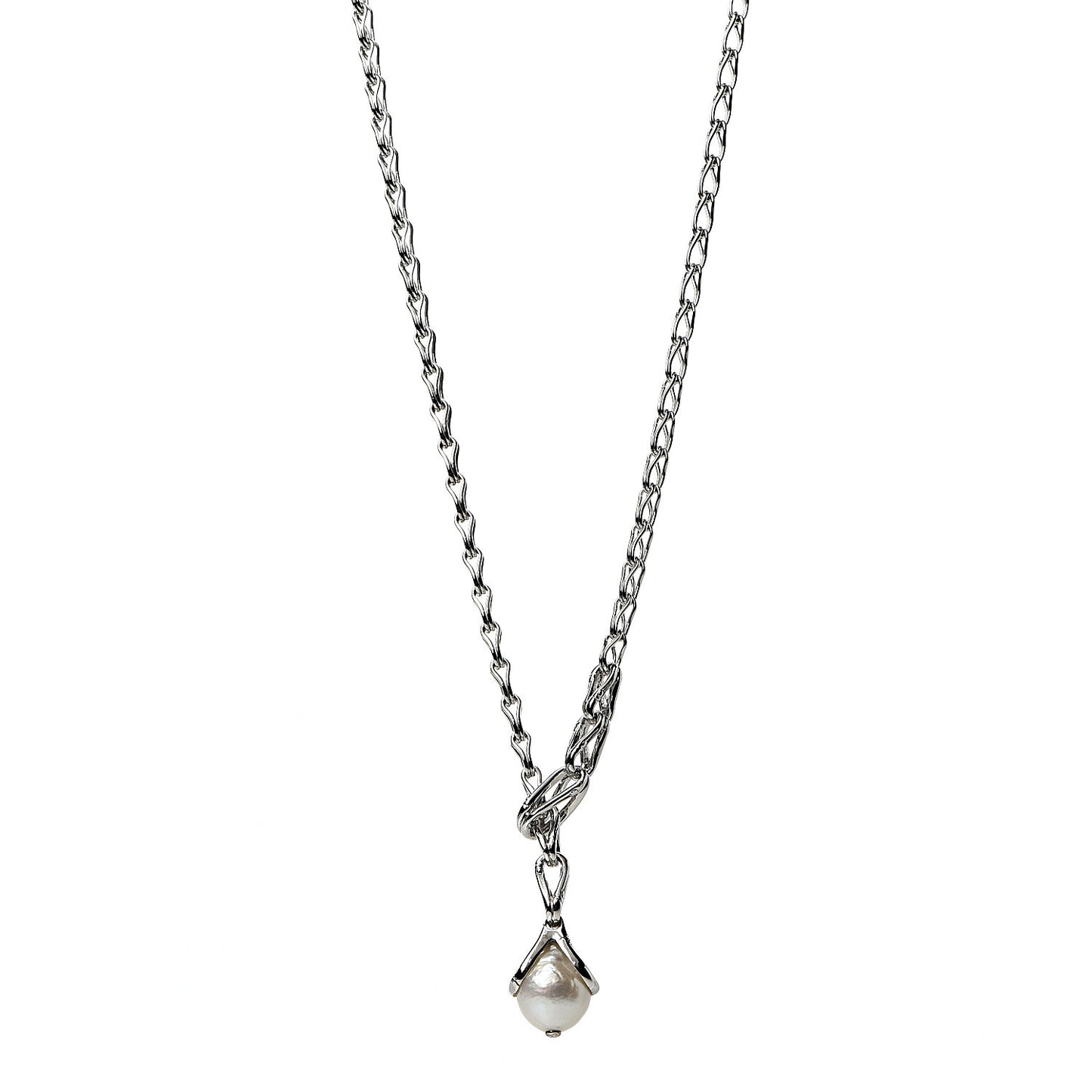 Sterling Silver Pearl Bamboo Drop Lariat Necklace
