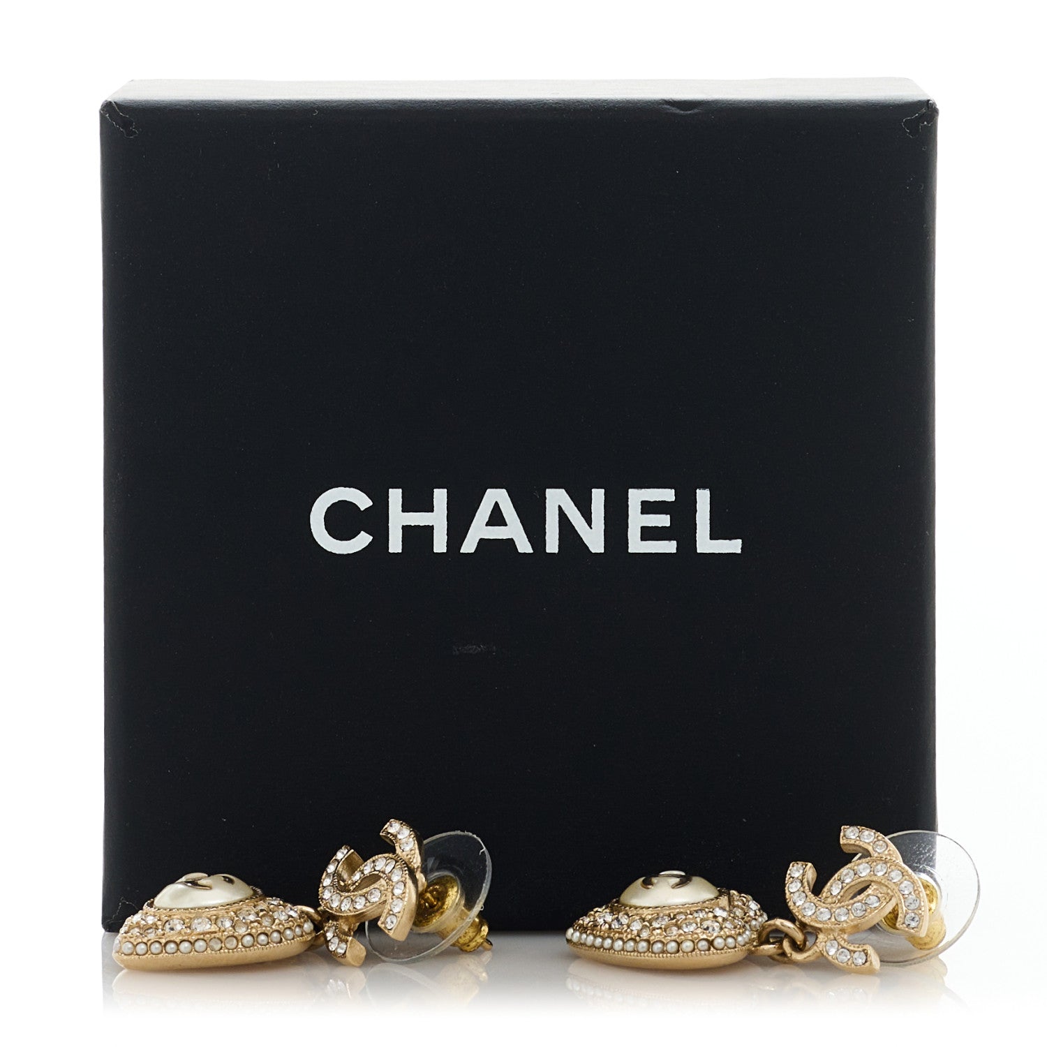 Chanel Pearl Crystal CC Heart Drop Earrings Gold White 2 of 5