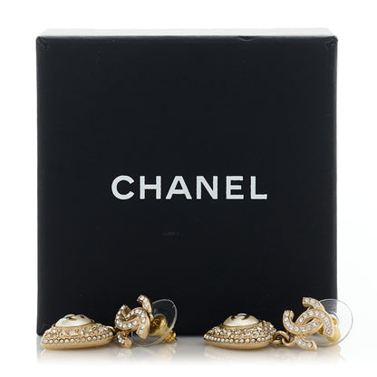 Chanel Pearl Crystal CC Heart Drop Earrings Gold White 2 of 5