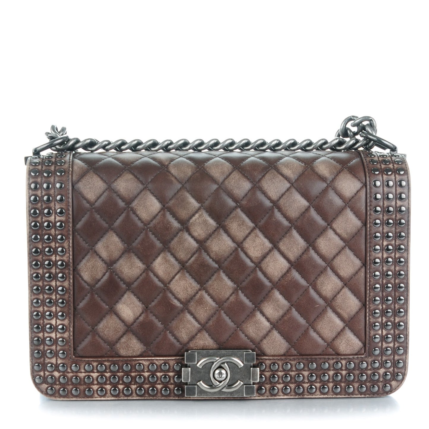 Faded Calfskin Studded Large Boy Flap Brown Beige