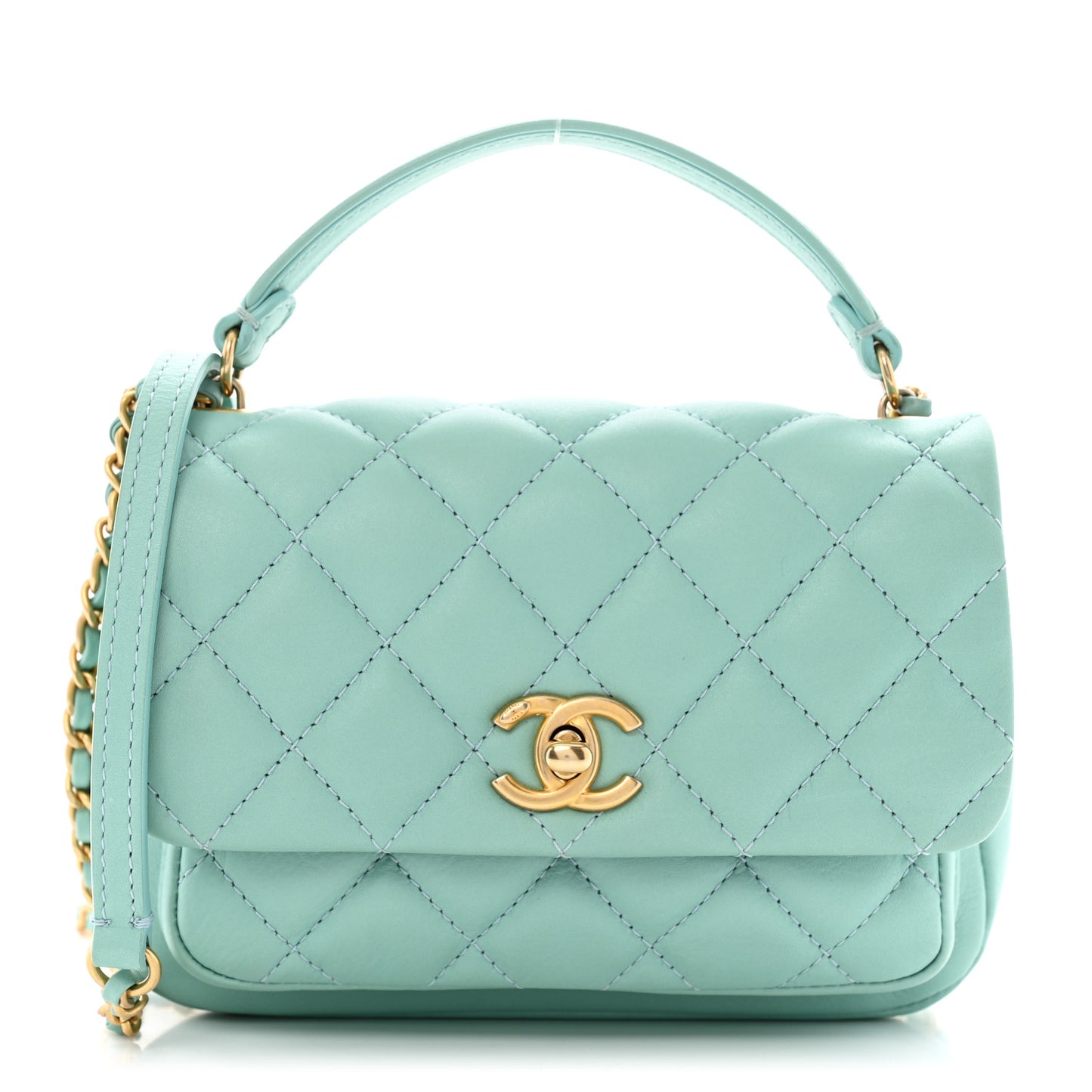 Calfskin Quilted Top Handle Flap Light Blue