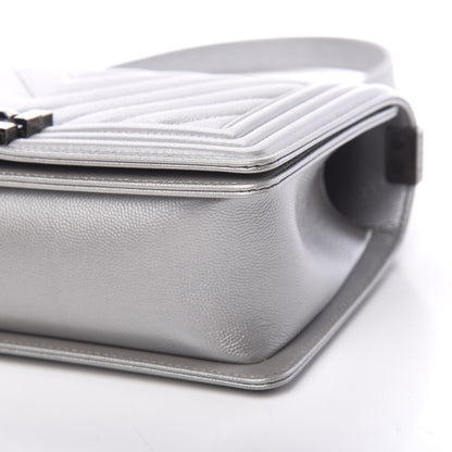 Chanel Metallic Caviar Chevron Quilted Medium Boy Flap Silver 10 of 11