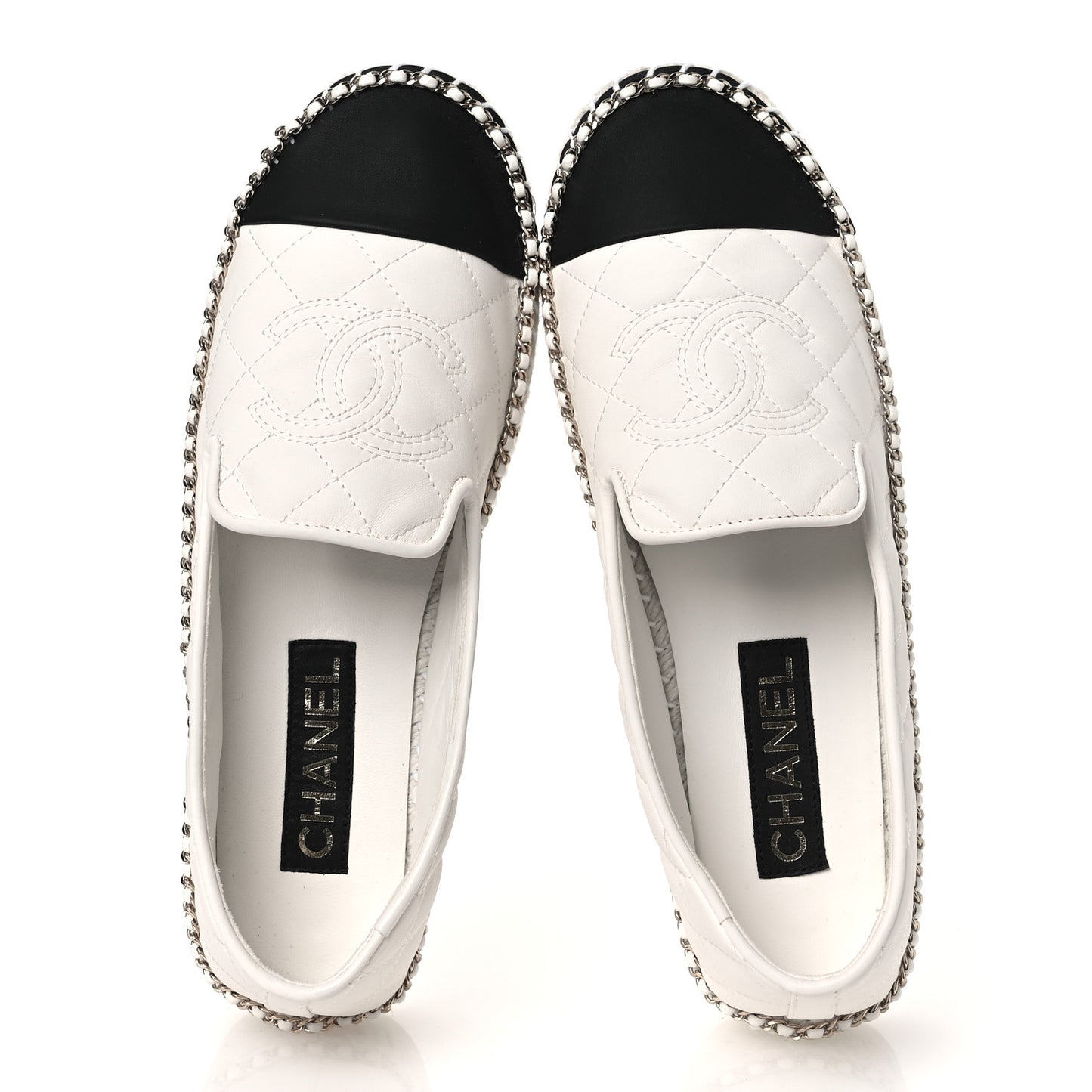 Shiny Lambskin Quilted Grosgrain Cap Toe CC Chain Espadrilles 39 White Black
