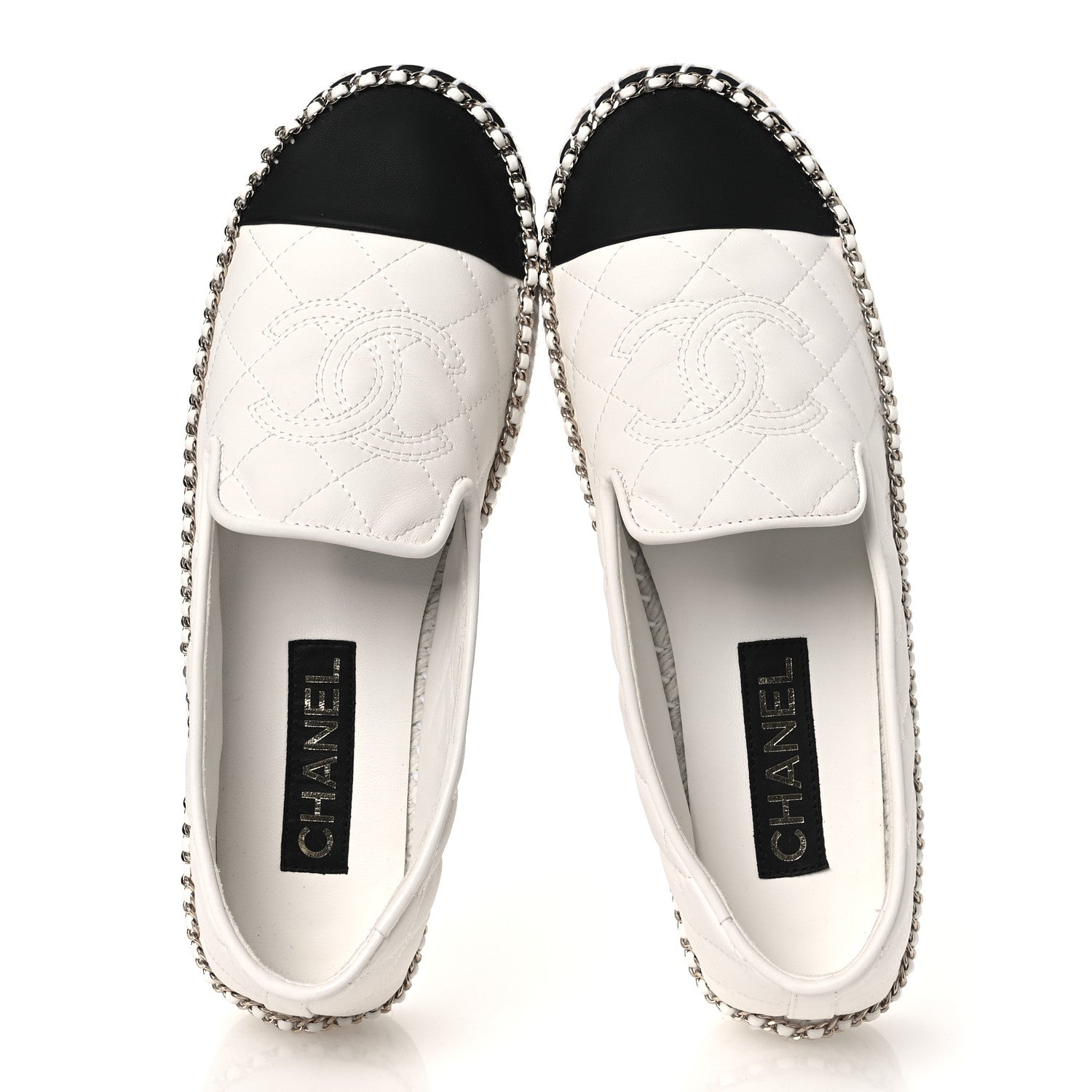 Chanel Shiny Lambskin Quilted Grosgrain Cap Toe CC Chain Espadrilles 39 White Black 2 of 11