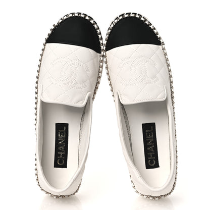 Chanel Shiny Lambskin Quilted Grosgrain Cap Toe CC Chain Espadrilles 39 White Black 2 of 11