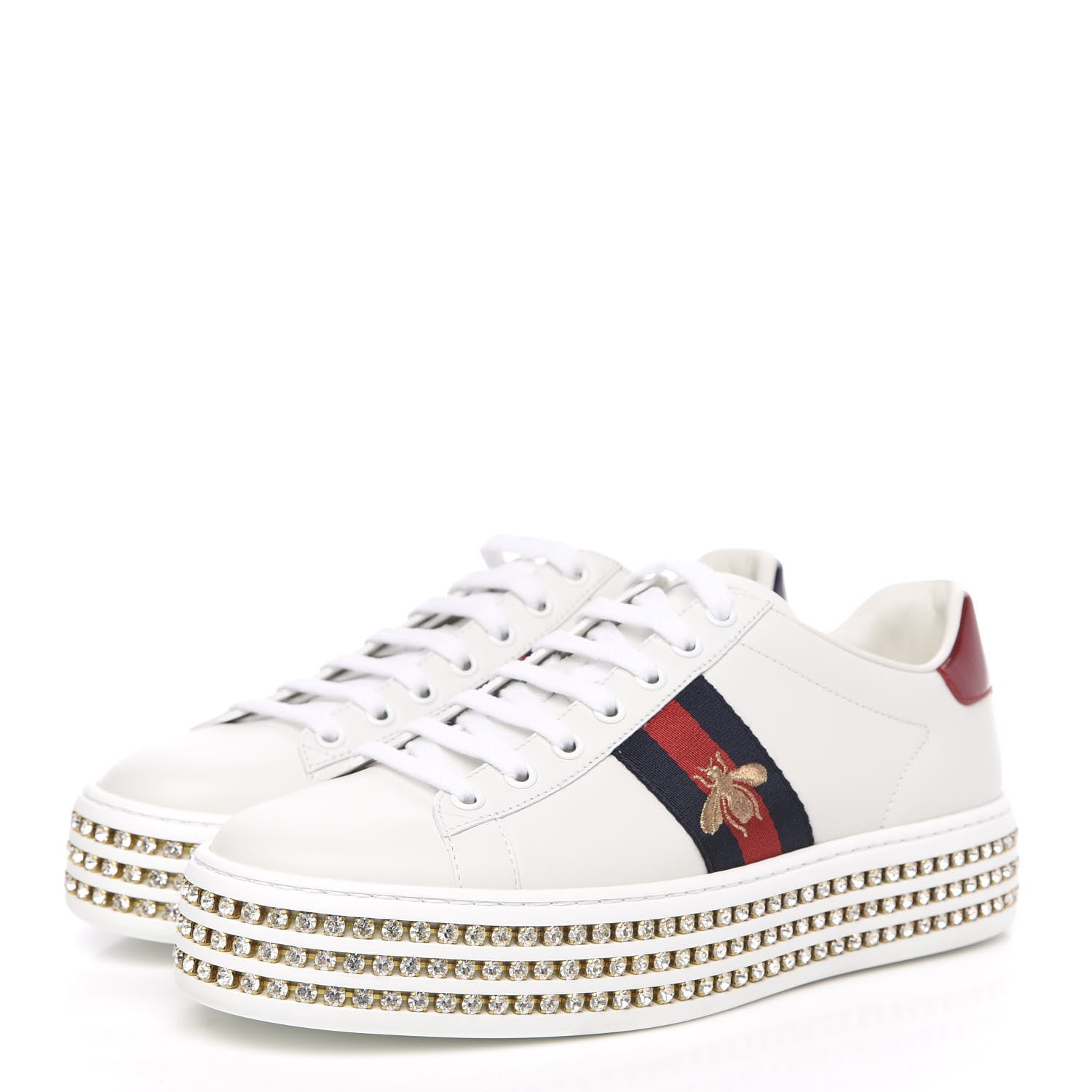 Gucci Calfskin Crystal Web Bee Embroidered Womens Ace Platform Sneakers 38.5 White 3 of 9