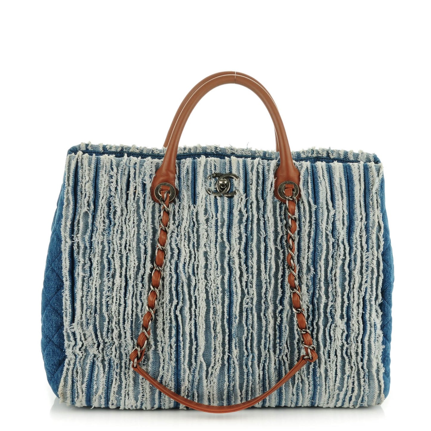 Denim Fringe Large Shopping Tote Blue