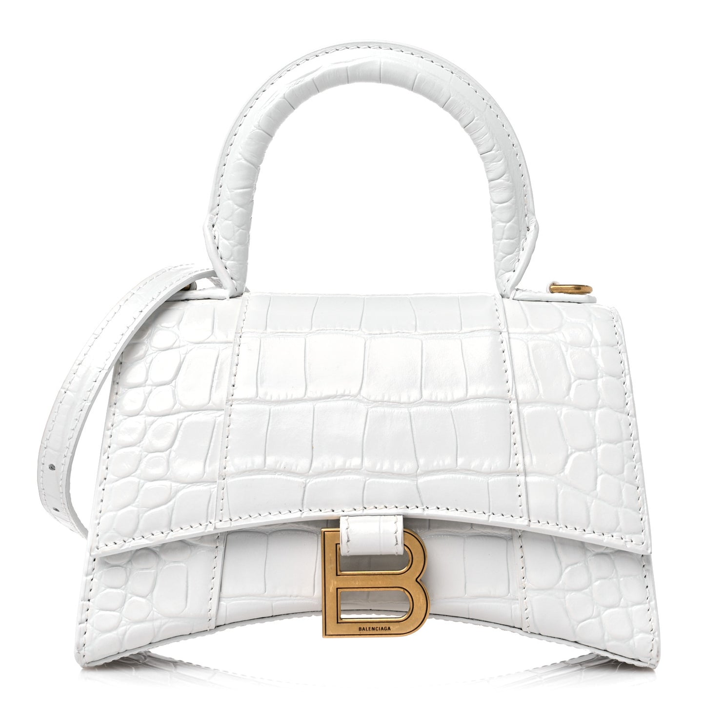 Shiny Calfskin Crocodile Embossed Hourglass Top Handle Bag XS White