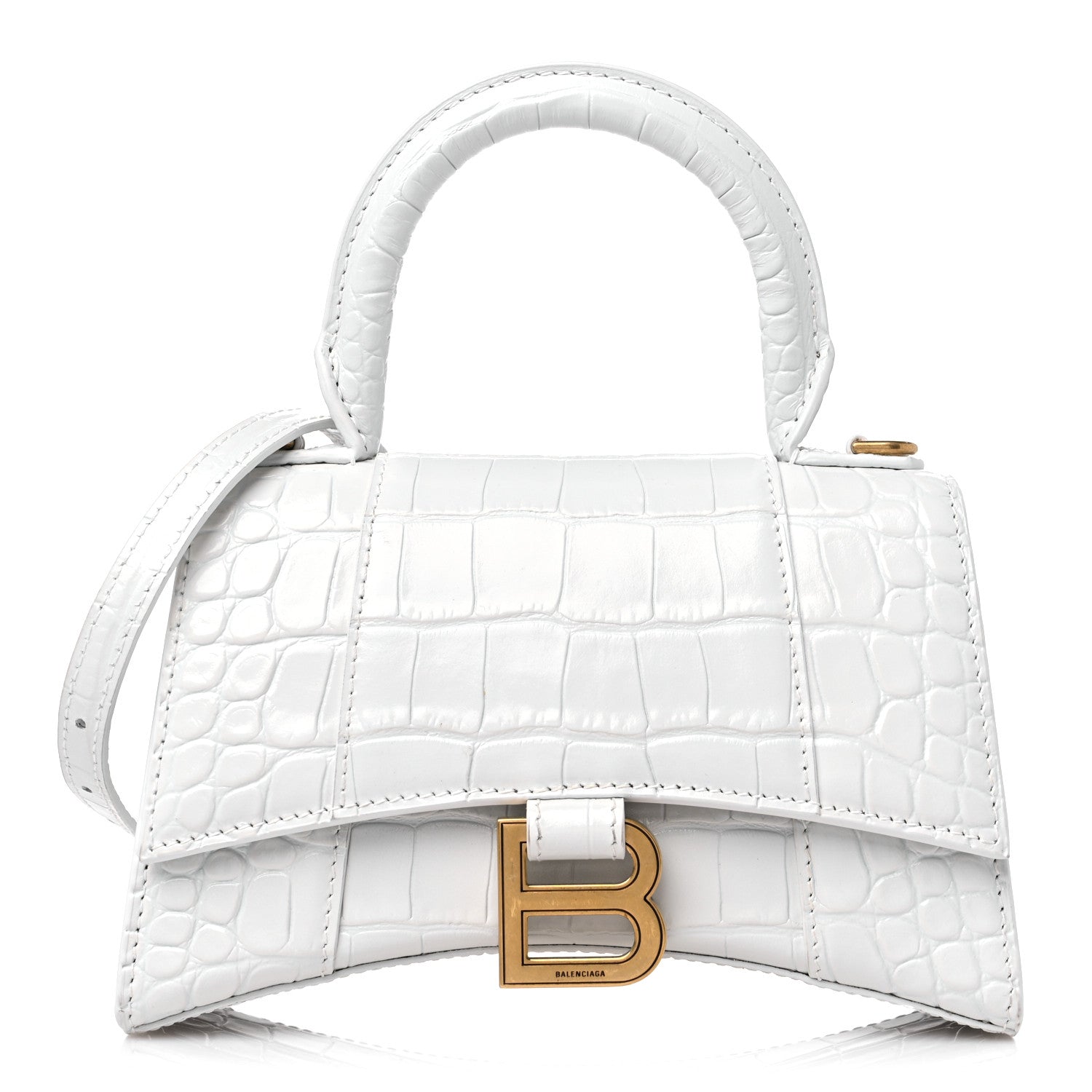 Balenciaga Shiny Calfskin Crocodile Embossed Hourglass Top Handle Bag XS White 1 of 11