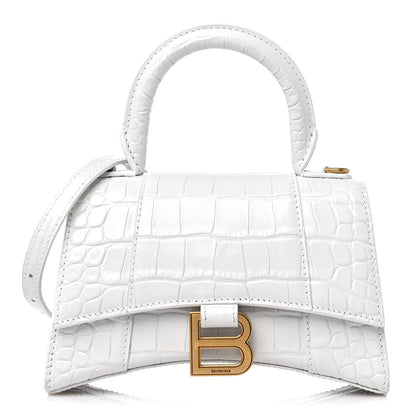 Balenciaga Shiny Calfskin Crocodile Embossed Hourglass Top Handle Bag XS White 1 of 11