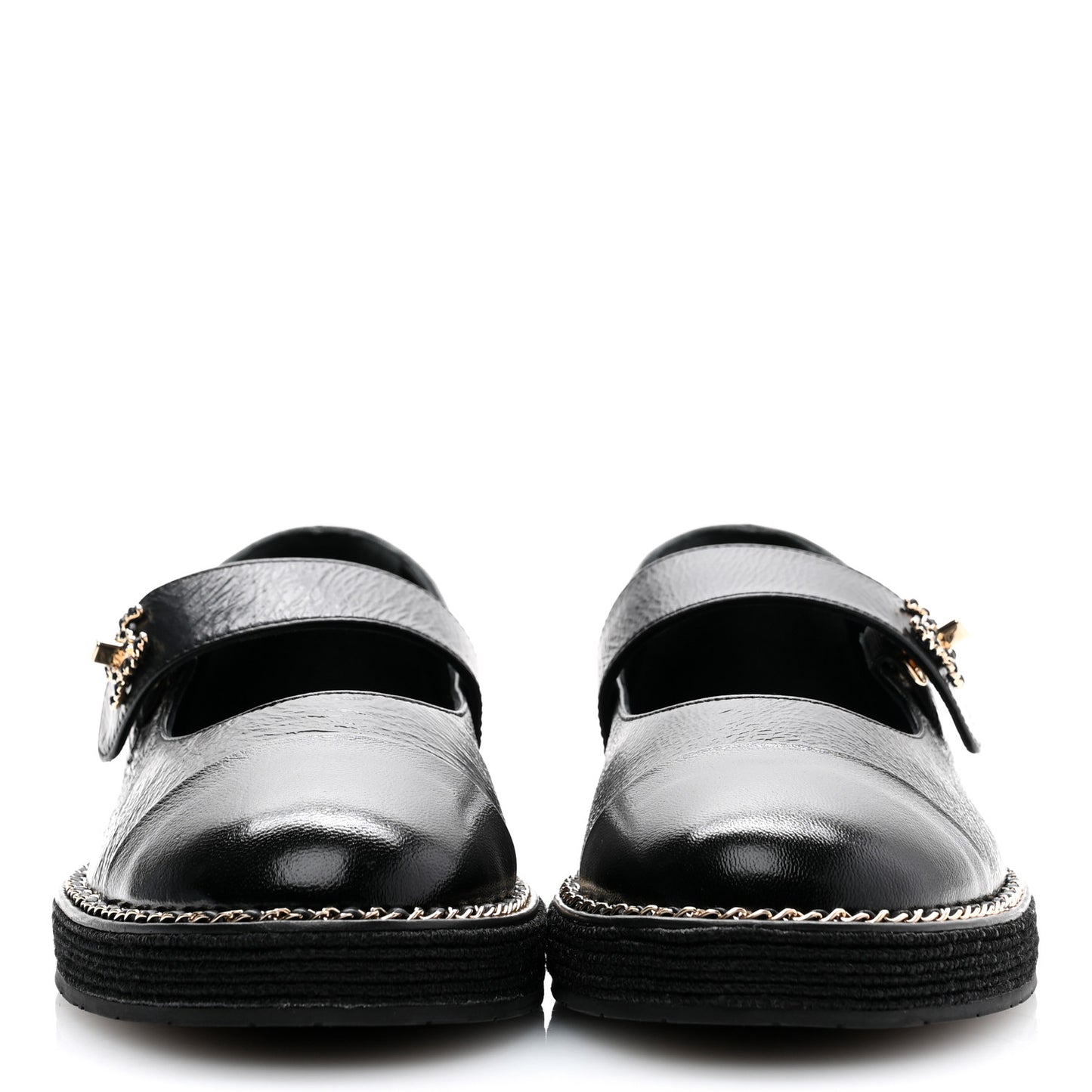 Crumpled Lambskin Cap Toe Chain CC Turnlock Mary Jane Flats 39 Black