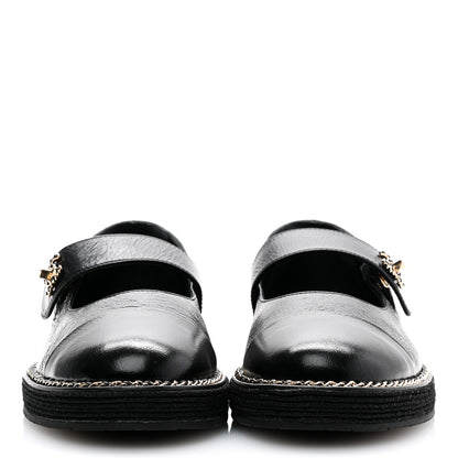 Chanel Crumpled Lambskin Cap Toe Chain CC Turnlock Mary Jane Flats 39 Black 2 of 9