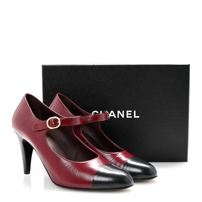 Chanel Shiny Goatskin Cap Toe Mary Jane Pumps 40 Burgundy Dark Grey 10 of 10