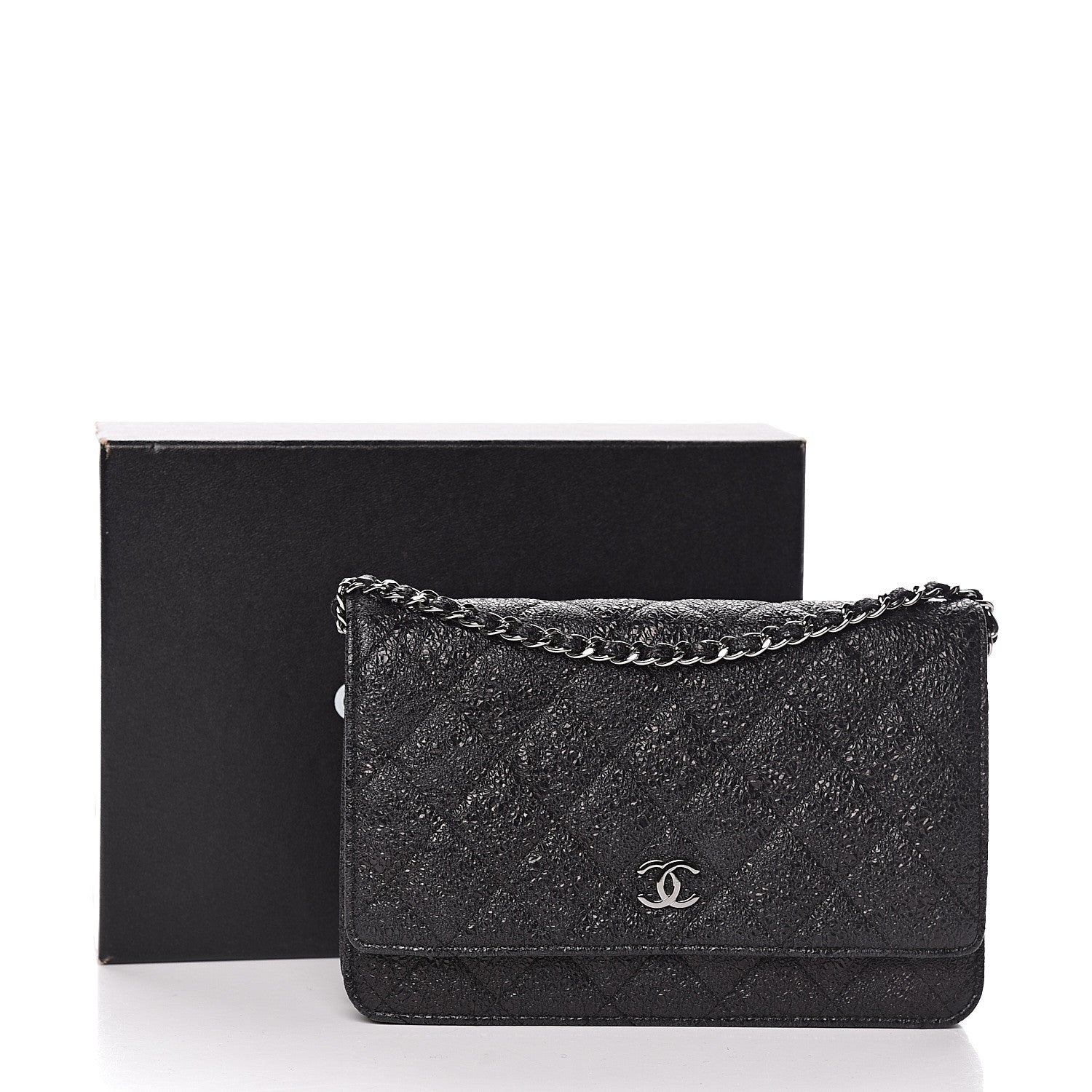 Chanel Crackled Calfskin Wallet On Chain WOC Black 10 of 10