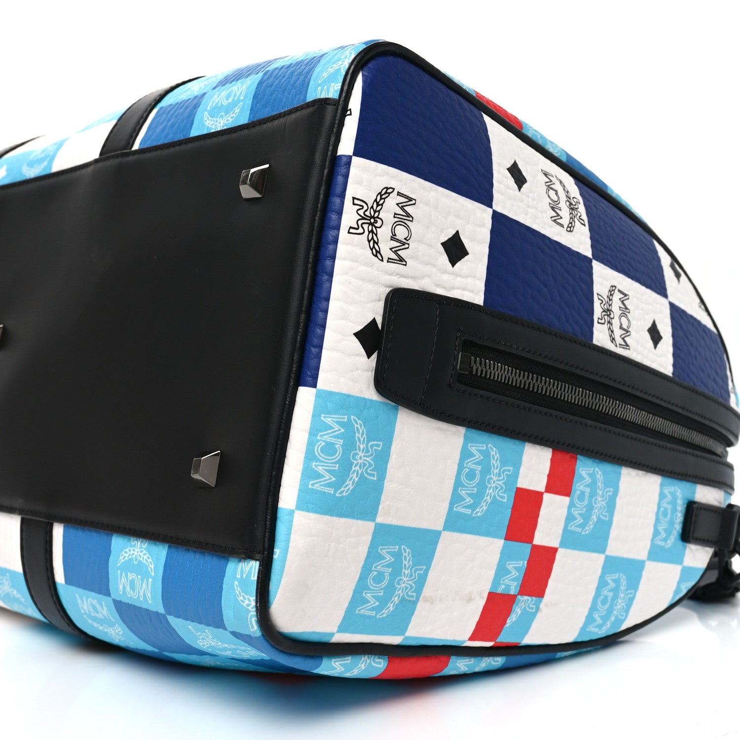 MCM Visetos Ottomar Checkerboard Weekender Duffle Bag Blue