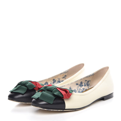 Gucci Calfskin Web Bow Womens Ballet Flats 37.5 Black Vintage White 3 of 11