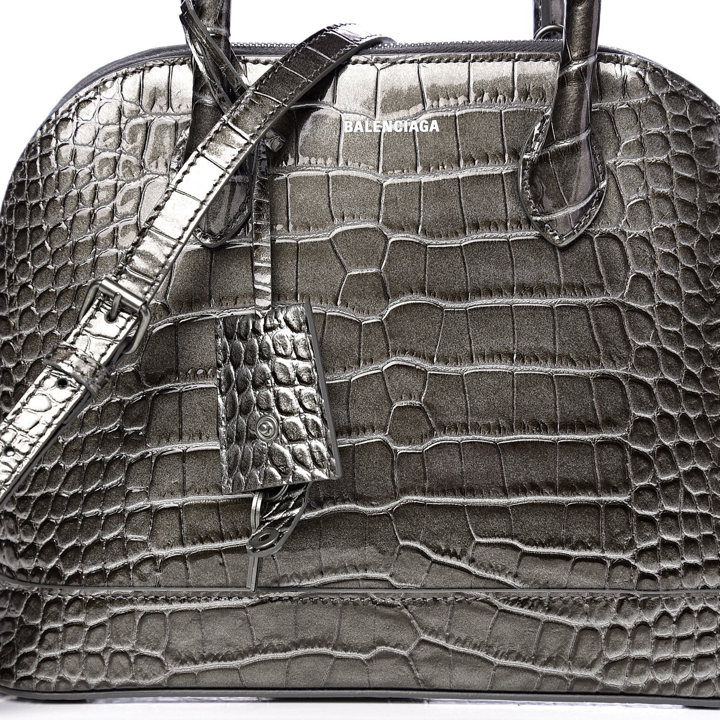 Metallic Calfskin Crocodile Embossed S Ville Top Handle Bag Grey