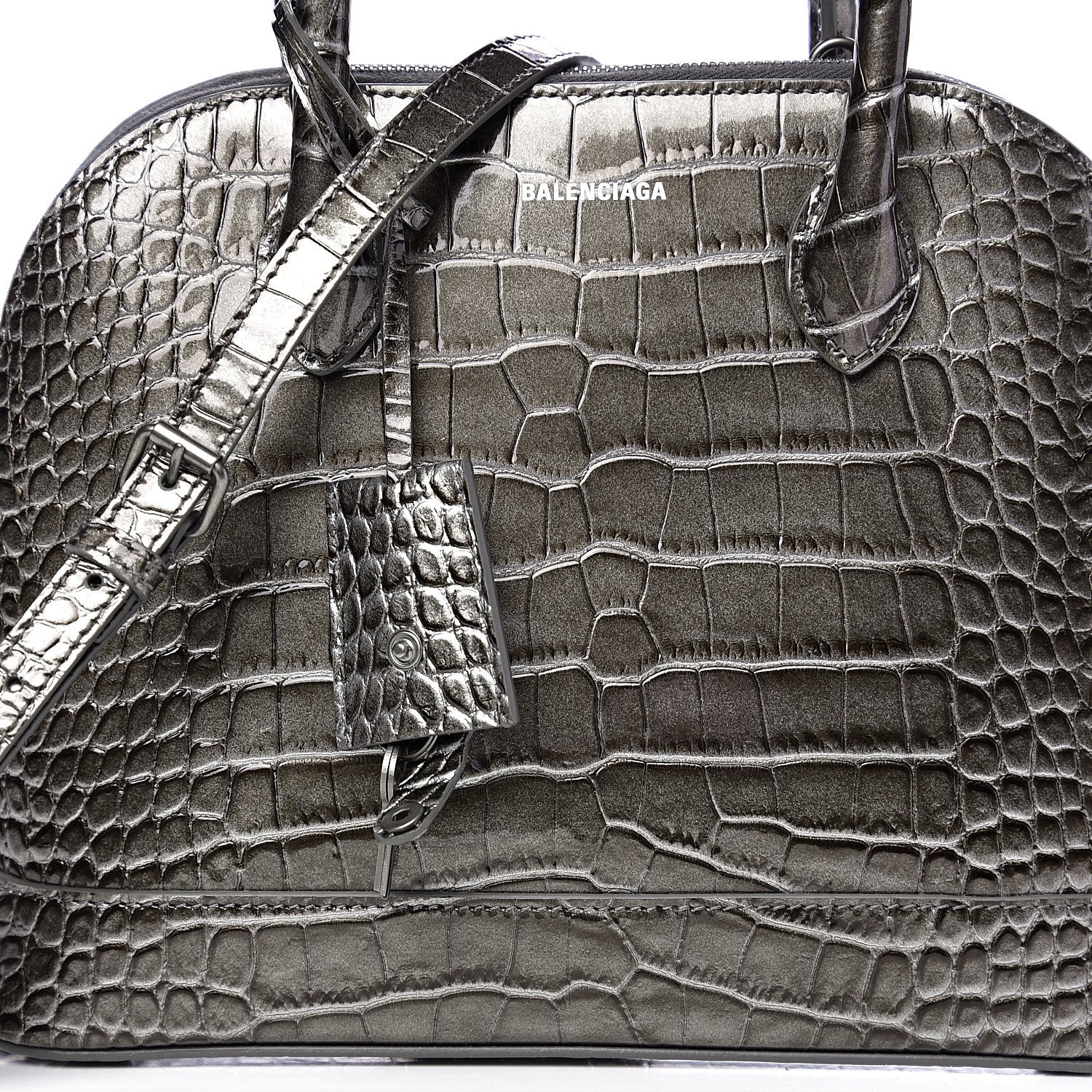 Balenciaga Metallic Calfskin Crocodile Embossed S Ville Top Handle Bag Grey 8 of 8