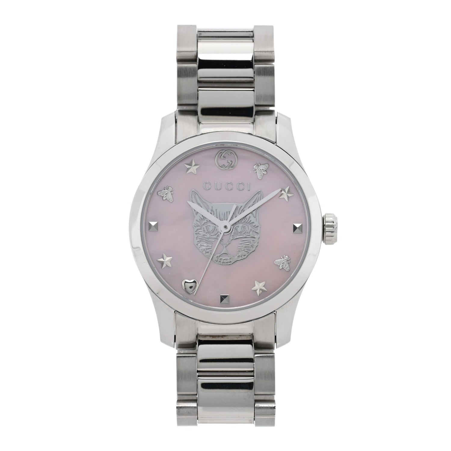 Gucci Stainless Steel Pink Mother of Pearl 27mm G-Timeless Cat Quartz Watch 1 of 5