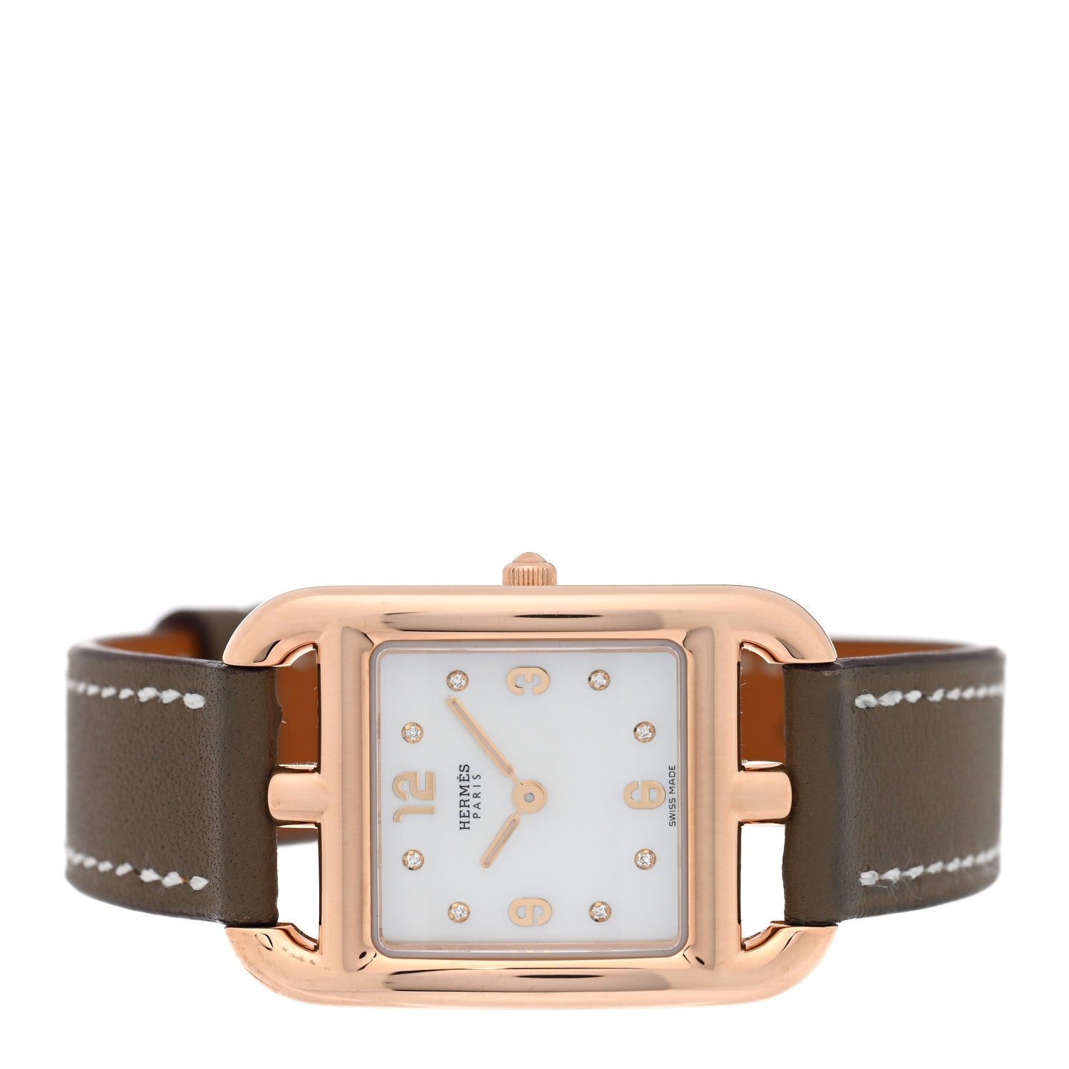Hermes 18K Rose Gold Swift Diamond Mother of Pearl 23mm Cape Cod Quartz Watch Etoupe 2 of 4